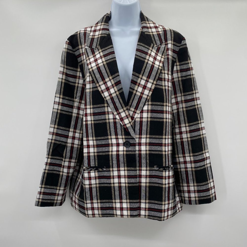Fashion Bug Lightweight Suit Jacket Black Red White Plaid Womens Size Large